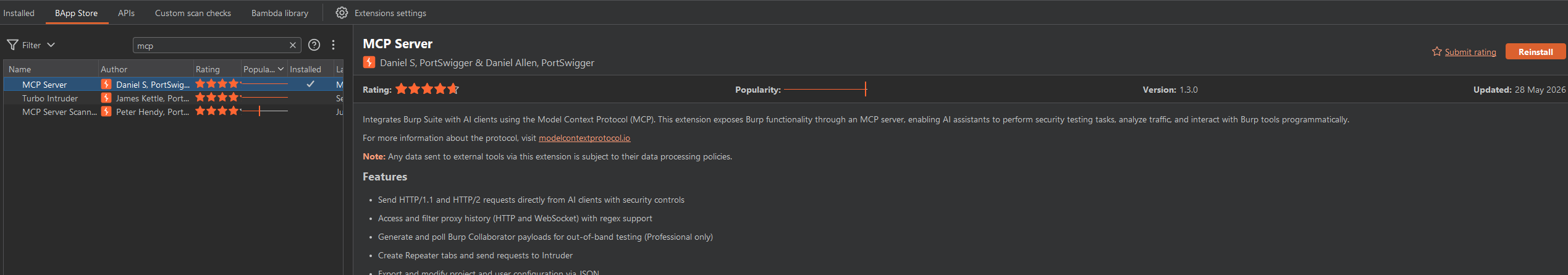 The MCP Server extension in the Burp BApp Store