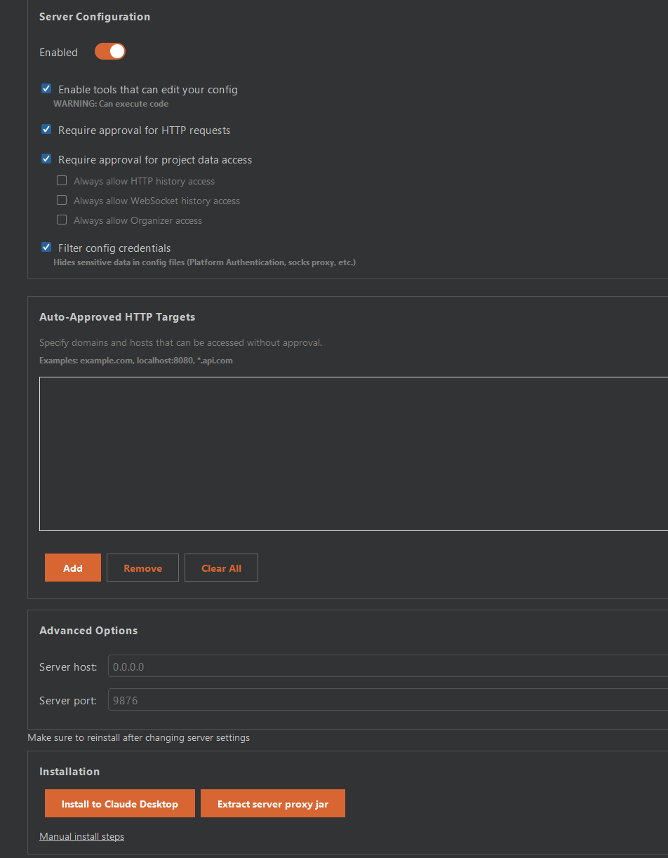 Burp MCP server configuration bound to 0.0.0.0 on port 9876