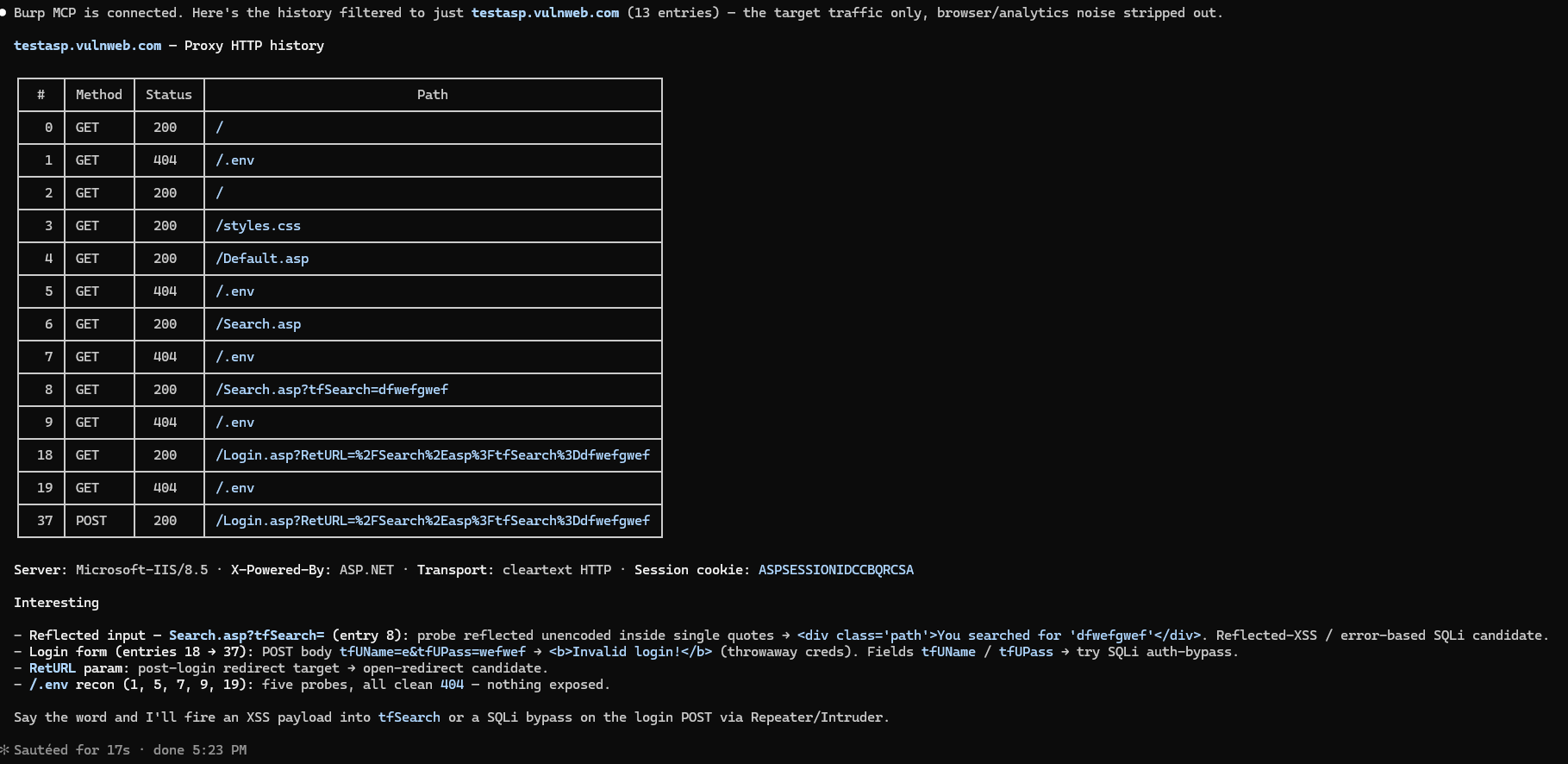 Claude reading the Burp proxy history for the test target through MCP