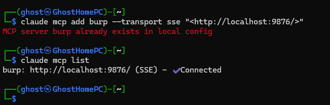 Claude Code listing the burp MCP server as connected