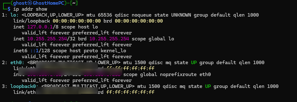 Output of ip addr show inside WSL showing the Windows LAN IP on the interface