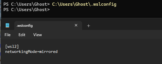 The .wslconfig file open in Notepad with mirrored networking enabled